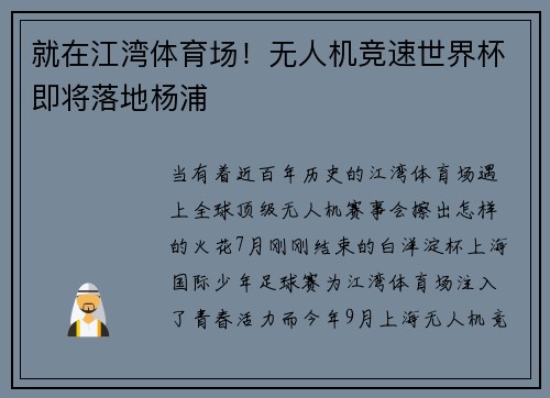 就在江湾体育场！无人机竞速世界杯即将落地杨浦